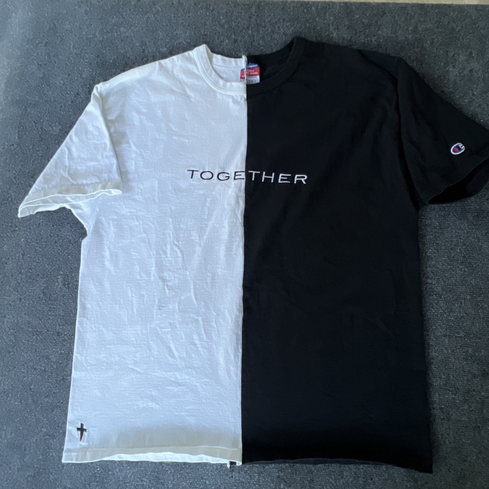 Champion Custom Split T-Shirt XL Together Embroidered Black White Streetwear